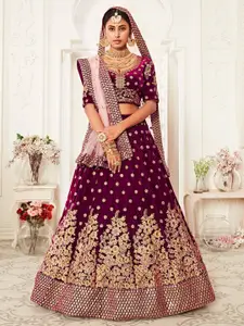 FABPIXEL Purple & Gold-Toned Embroidered Kalamkari Semi-Stitched Lehenga & Unstitched Blouse With Dupatta