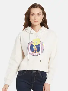 METTLE Women White Printed Hooded Sweatshirt