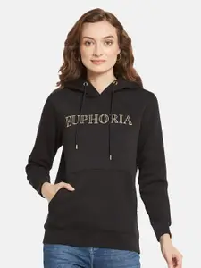 METTLE Women Black Printed Hooded Sweatshirt