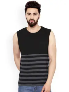 Hypernation Men Black & Grey Striped Slim Fit Sleeveless T-shirt