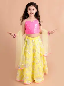 pspeaches Girls Yellow & Pink Embellished Sequinned Ready to Wear Lehenga & Blouse With Dupatta