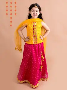 pspeaches Girls Magenta & Yellow Embroidered Ready to Wear Lehenga & Blouse With Dupatta