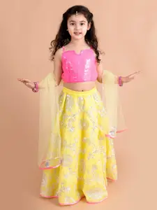 pspeaches Girls Yellow & Pink Embellished Ready to Wear Lehenga & Blouse With Dupatta
