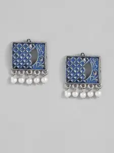 Sangria Blue & Silver-Toned Square Studs Earrings