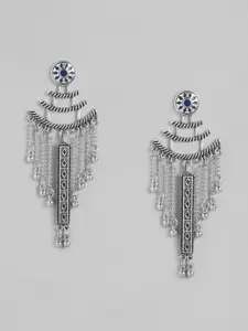 Sangria Oxidised Silver-Toned & Navy Blue Enamelled Geometric Shape Drop Earrings