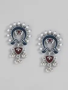 Sangria Silver-Toned Blue & Maroon Contemporary Enamelled Drop Earrings