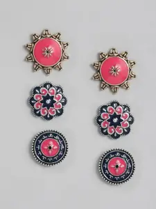 Sangria Set of 3 Silver-Toned Pink & Blue Classic Enamelled Studs Earrings