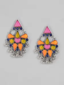 Sangria Silver-Toned & Pink Geometric Enamelled Drop Earrings