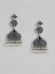 Sangria Silver-Toned Navy Blue & Maroon Enamelled Geometric Shape Drop Earrings
