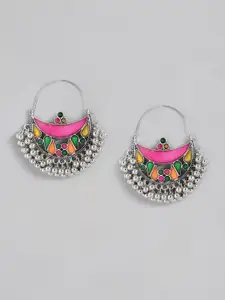 Sangria Pink & Silver-Toned Crescent Shaped Enamelled Chandbalis Earrings