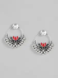 Sangria Silver-Toned & Red Enamelled Floral Drop Earrings