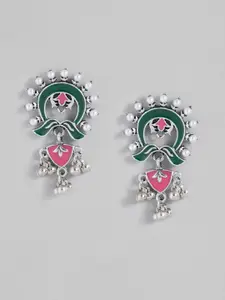 Sangria Silver-Toned Green & Pink Enamelled Contemporary Drop Earrings