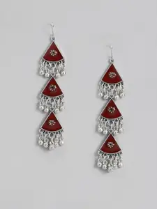 Sangria Silver-Toned & Maroon Geometric Enamelled Drop Earrings