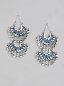 Sangria Blue & Silver-Toned Crescent Shaped Enamelled Chandbalis Earrings
