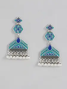 Sangria Blue & Silver-Toned Geometric Enamelled Drop Earrings