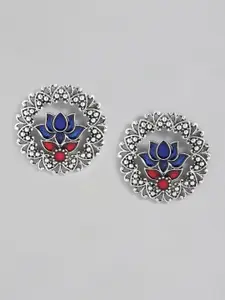 Sangria Silver-Toned & Blue Floral Enamelled Studs Earrings