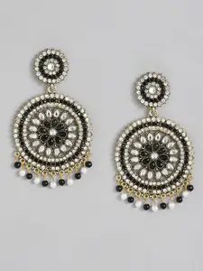 Sangria Gold-Toned & Black Circular Shape Stone Studded Drop Earrings