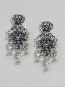 Sangria Oxidised Silver-Toned & Navy Blue Stone Studded Ethnic Style Drop Earrings