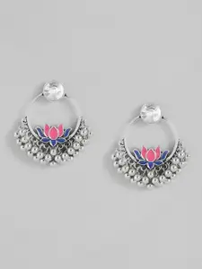 Sangria Silver-Toned & Pink Enamelled Floral Drop Earrings