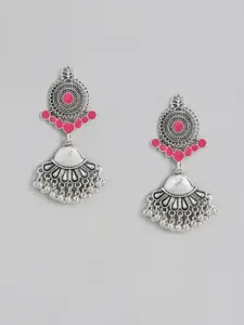 Sangria Silver-Toned & Pink Geometric Enamelled Drop Earrings