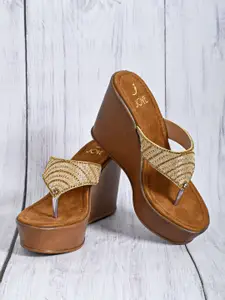 Jove Gold-Toned Embellished PU Ethnic Wedge Sandals