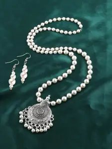 Silver Shine Silver-Plated White Pearl-Studded Round Pendant Jewellery Set