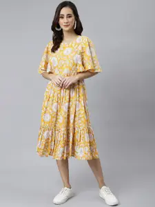 Janasya Yellow & White Floral Print Cotton Flared Midi Dress