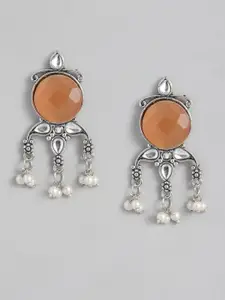 Sangria Oxidised Geometric Design Stone Studded Drop Earrings