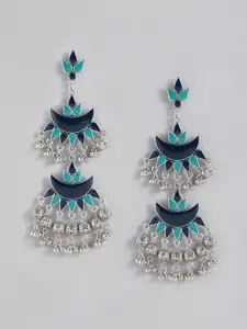 Sangria Blue & Silver-Toned Crescent Shaped Enamelled Drop Earrings