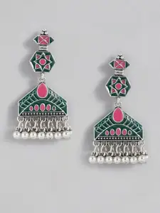 Sangria Silver-Toned Green & Pink Enamelled Geometric Drop Earrings