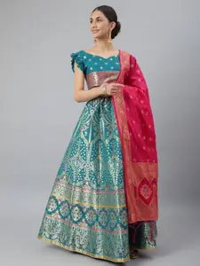 Lilots Turquoise Blue & Gold-Toned Semi-Stitched Lehenga & Unstitched Blouse With Dupatta