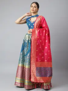 Lilots Blue & Red Semi-Stitched Lehenga & Unstitched Blouse With Dupatta