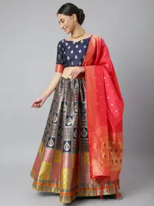 Lilots Navy Blue & Red Semi-Stitched Lehenga & Unstitched Blouse With Dupatta