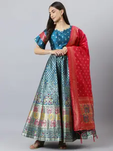 Lilots Blue & Red Semi-Stitched Lehenga & Unstitched Blouse With Dupatta