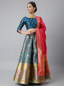 Lilots Blue & Red Semi-Stitched Lehenga & Unstitched Blouse With Dupatta