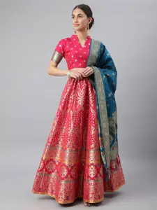 Lilots Pink & Blue Semi-Stitched Lehenga & Unstitched Blouse With Dupatta