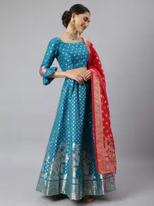 Lilots Blue & Pink Semi-Stitched Lehenga & Unstitched Blouse With Dupatta