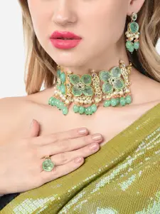 Zaveri Pearls Gold-Plated Green Kundan Stone-Studded Choker Necklace Set