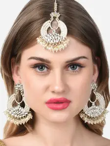 Zaveri Pearls Gold-Plated White Kundan-Studded Earring & Maangtikka Set
