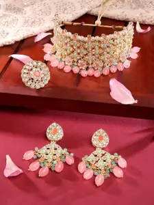 Zaveri Pearls Gold-Plated Pink Kundan Stone-Studded Choker Necklace Set