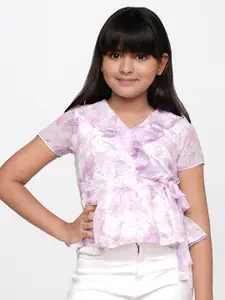 AND Girls Purple & White Floral Print Ruffles Wrap Top