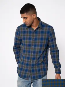 Royal Enfield Men Green And Blue Checked Regular Fit Cotton Casual Shirt