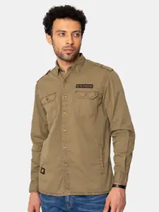 Royal Enfield Men Brown Solid Cotton Side Welt Pocket Casual Shirt