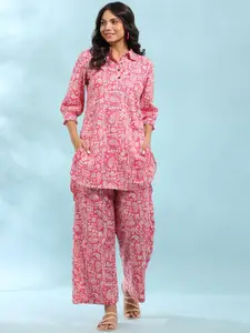 JISORA Women Pink & Off White Ethnic Motif Printed Night suit