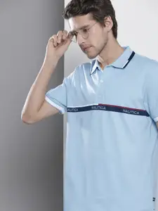 Nautica Men Blue Brand Logo Striped Polo Collar Pure Cotton T-shirt