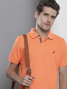 Nautica Men Orange Pure Cotton Brand Logo Polo Collar Slim Fit T-shirt