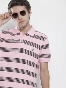 Nautica Men Pink & Black Striped Polo Collar Pure Cotton T-shirt
