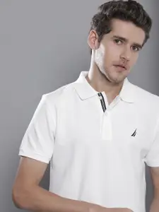 Nautica Men White Pure Cotton Brand Logo Polo Collar Slim Fit T-shirt