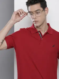 Nautica Men Red Pure Cotton Brand Logo Polo Collar Slim Fit T-shirt