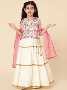 A.T.U.N. A T U N Girls Cream-Coloured & Pink Embroidered Ready to Wear Lehenga & Blouse With Dupatta